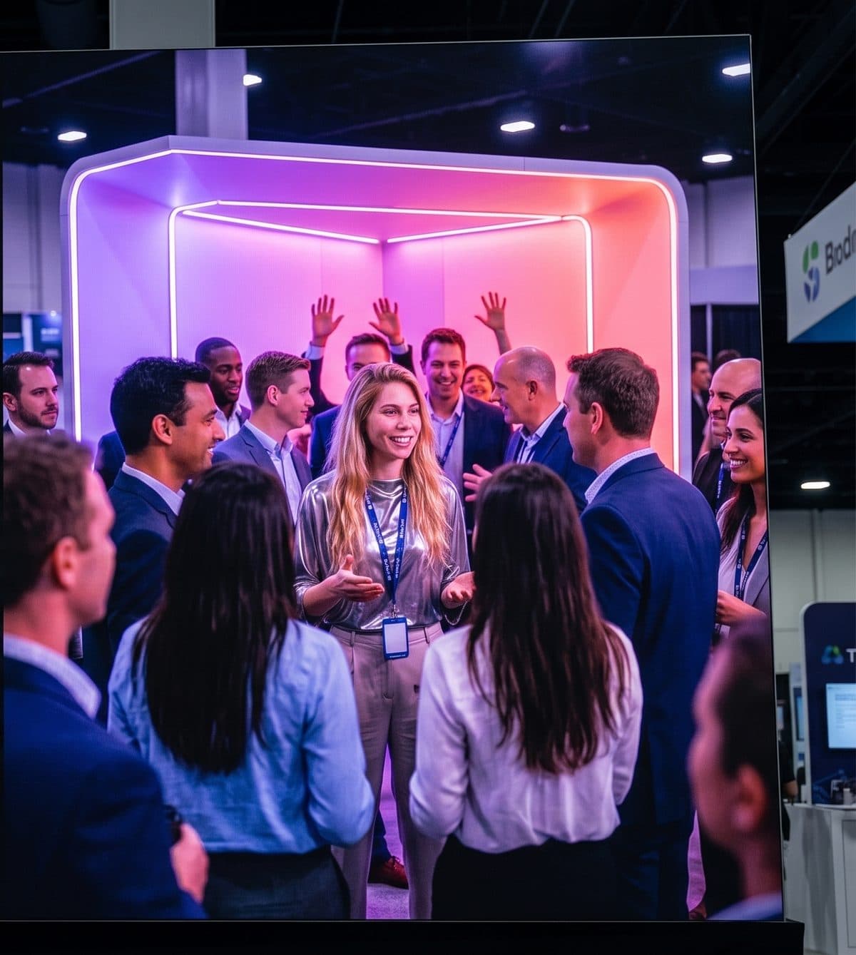 The same booth packed with attendees, a BINGO engagement specialist mid-conversation with a group of raised hands around her.